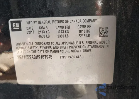 2017 Chevrolet Impala 1Lt from USA, damaged, VIN 2G1105SA0H9167945